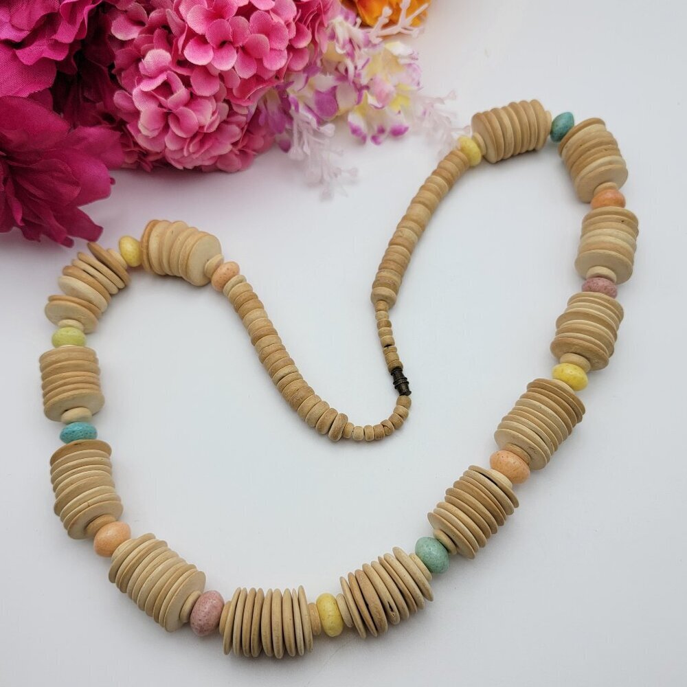 Vintage Chunky Light Brown Wooden Disc Heishi Necklace 29” – Statement Boho